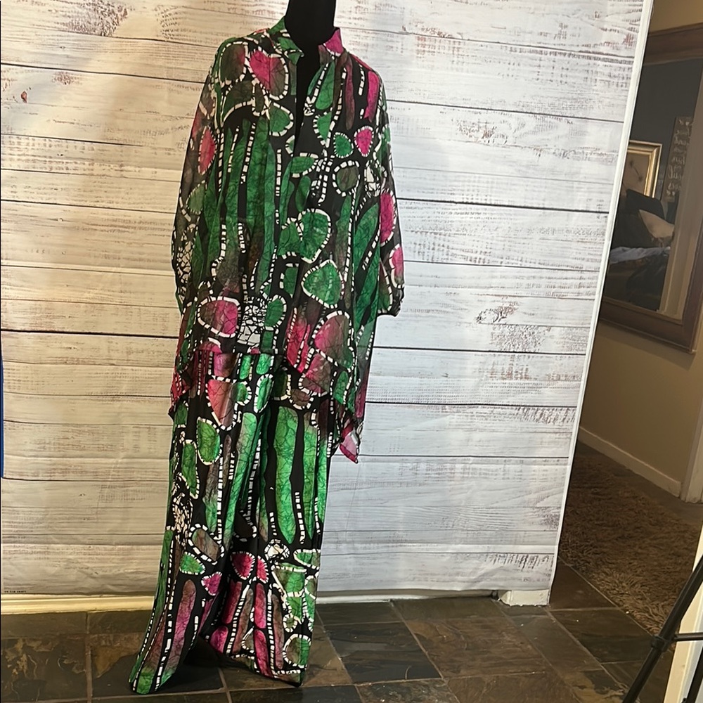 Vibrant Green and Pink Wide Pants and Kimono Top Set NWT NEW